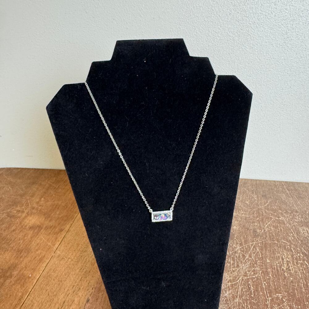 Druzy navy blue iridescent‎ rectangular silver tone rhinestone necklace